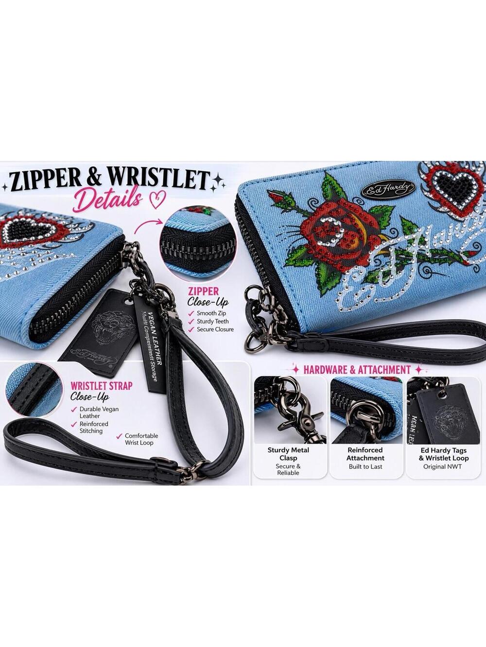 Ed Hardy Denim Tattoo Rose Heart Rhinestone Wristlet NWT - Picture 7 of 9